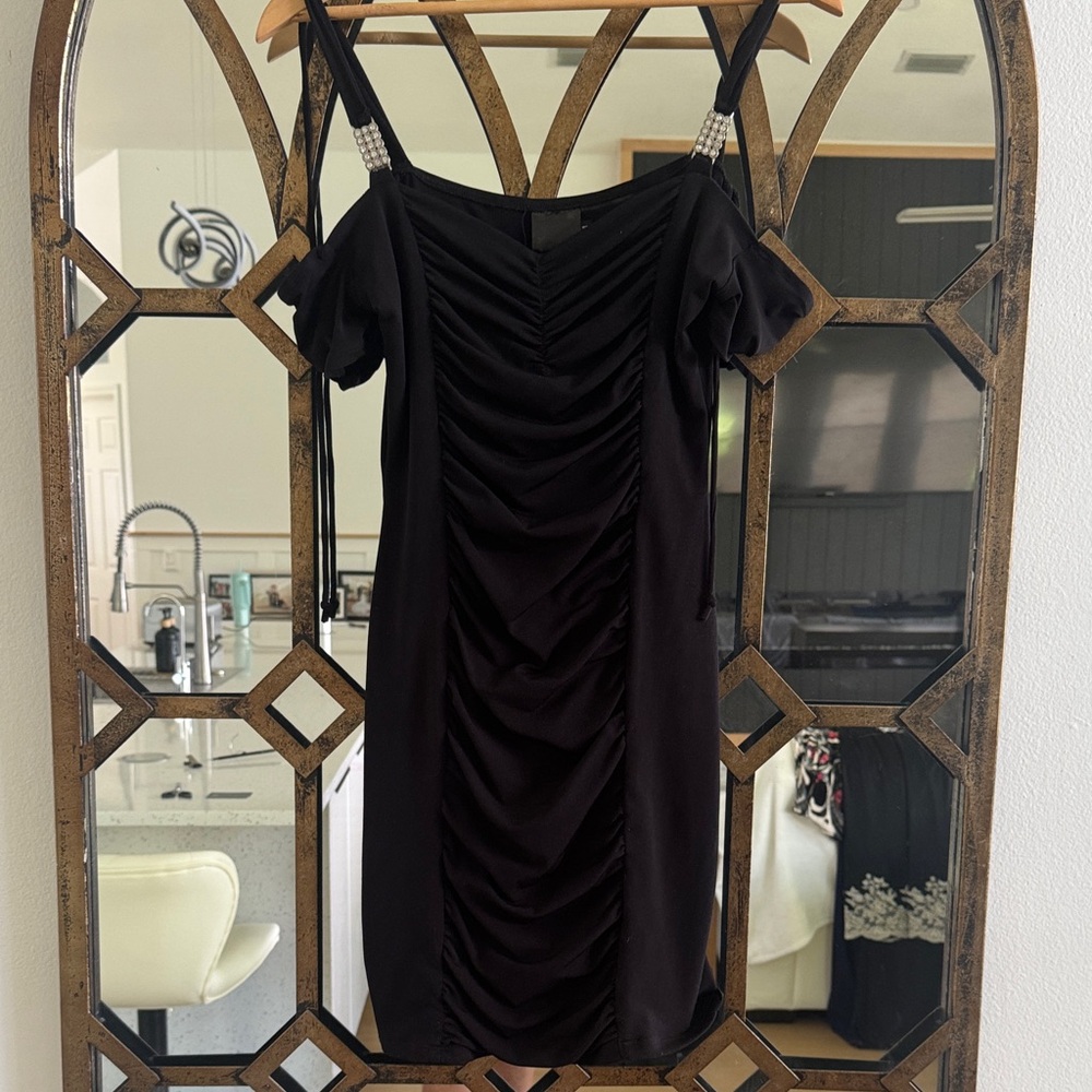 Black Pleated Off-Shoulder Mini Dress